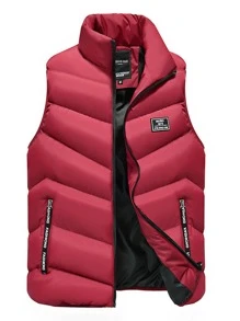 Manfinity Homme Men Letter Patched Zip Up Puffer Gilet - Burgundy - View 3