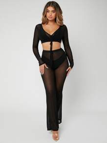 SHEIN SXY Bộ đồ hai mảnh nữ Xù cắt Gân đan màu trơn Gợi cảm - màu đen - Xem 3