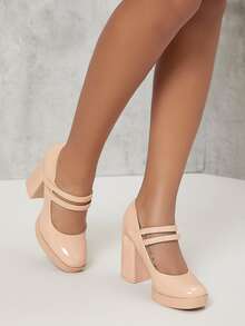 Faux Patent Leather Dual Strap Block Heel Pumps - Apricot - View 3