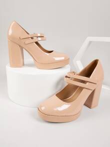 Faux Patent Leather Dual Strap Block Heel Pumps - Apricot - View 2