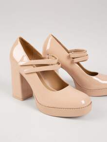 Faux Patent Leather Dual Strap Block Heel Pumps - Apricot - View 4