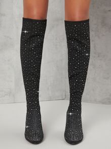 Botas con diamante de imitación tacón block sin cordones - Negro - Ver 4