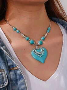 Collar con accesorio con corazón con turquesa - Plata antigua - Ver 1