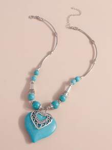 Collar con accesorio con corazón con turquesa - Plata antigua - Ver 2