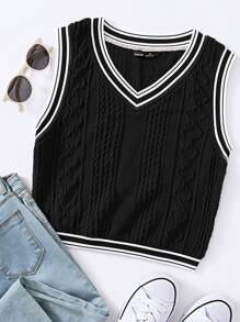 Muchica Women Varsity Striped Cropped Sweater Top - Black - View 1