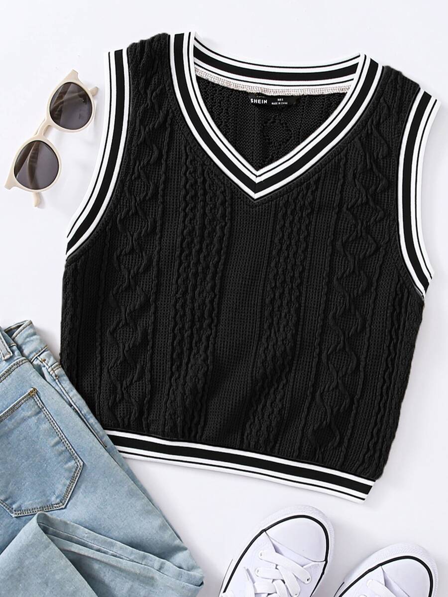 Muchica Women Varsity Striped Cropped Sweater Top - Black - View 1