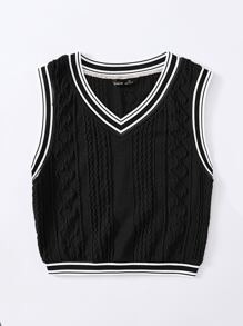 Muchica Women Varsity Striped Cropped Sweater Top - Black - View 3
