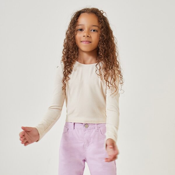 

Girls Drop Shoulder Rib-knit Tee, Beige