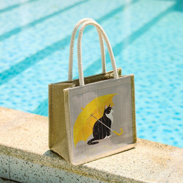 

Linen Kitty Graphic Square Bag, Khaki