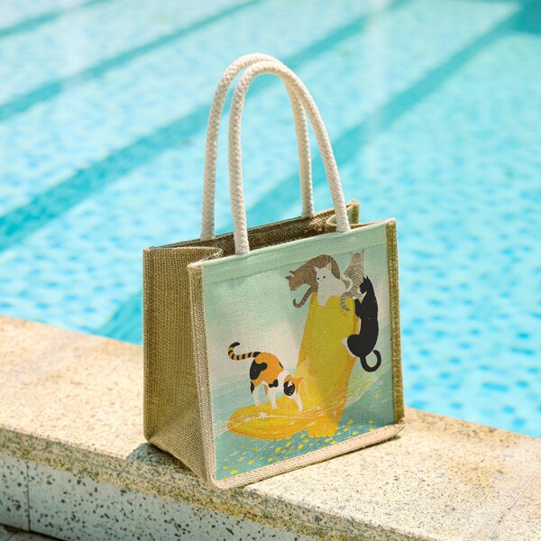 

Linen Kitty Graphic Square Bag, Green