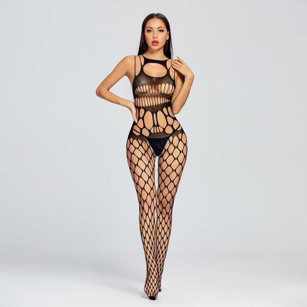 

Cut Out Sheer Bodystocking Without Lingerie Set, Black