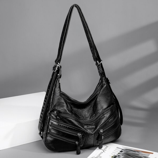 

Multi-Zip Front Design Shoulder Bag, Black