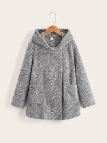 SHEIN Áo khoác con gái Nút đôi Túi màu trơn Giải trí - Xám - Xem 1