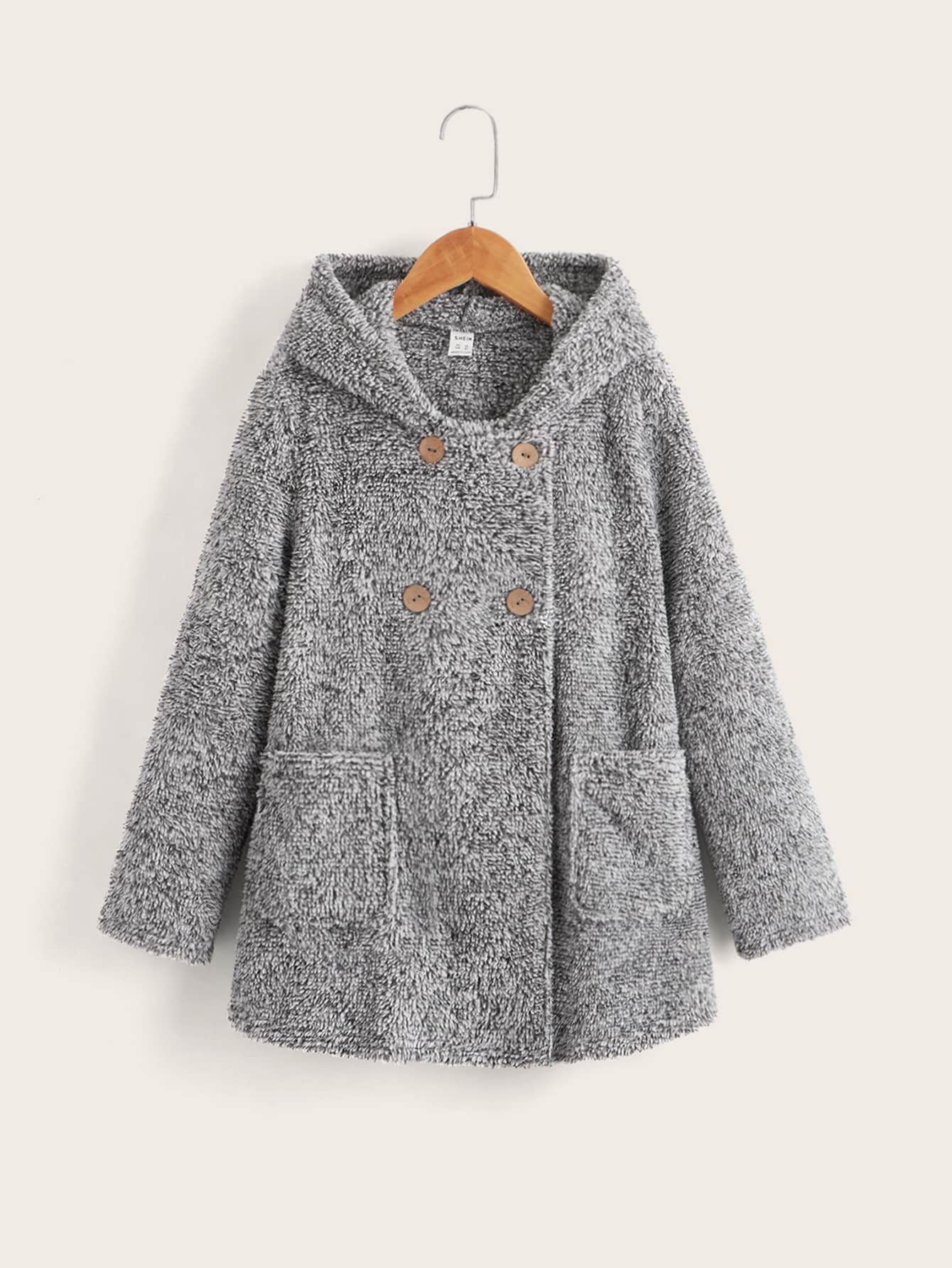 SHEIN Áo khoác con gái Nút đôi Túi màu trơn Giải trí - Xám - Xem 1