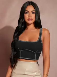 SHEIN SXY Áo hai dây Gân đan Tương phản ràng buộc màu trơn Giải trí - màu đen - Xem 1