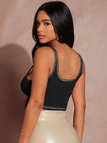 SHEIN SXY Áo hai dây Gân đan Tương phản ràng buộc màu trơn Giải trí - màu đen - Xem 2