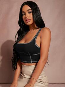 SHEIN SXY Áo hai dây Gân đan Tương phản ràng buộc màu trơn Giải trí - màu đen - Xem 3