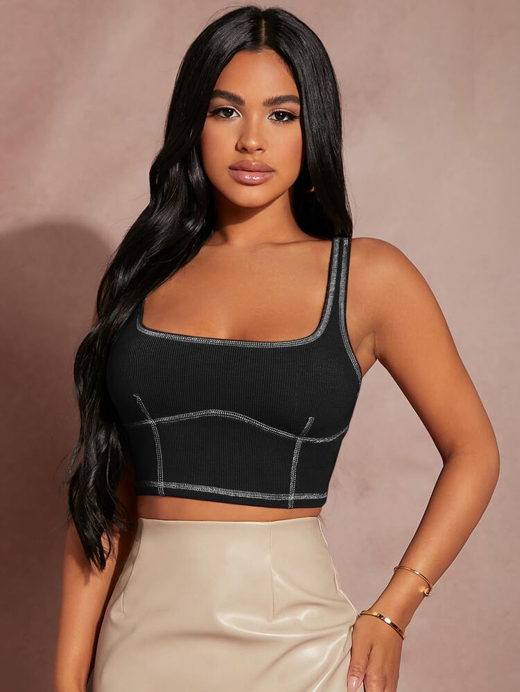 SHEIN SXY Áo hai dây Gân đan Tương phản ràng buộc màu trơn Giải trí - màu đen - Xem 4