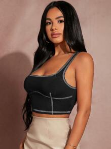 SHEIN SXY Áo hai dây Gân đan Tương phản ràng buộc màu trơn Giải trí - màu đen - Xem 5