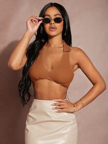 SHEIN SXY V-collar Rib-knit Crop Tank Top - Brown - View 1