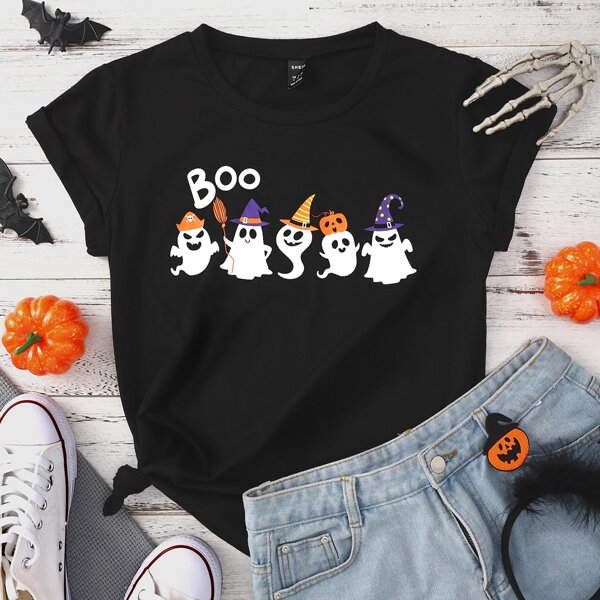 

Halloween & Letter Graphic Tee, Black