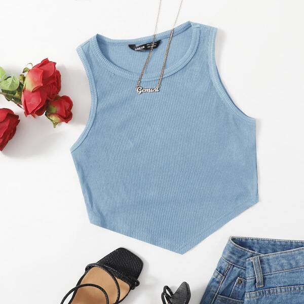 

Asymmetrical Hem Rib-knit Tank Top, Dusty blue