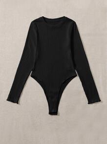 SHEIN Essnce Rib-knit Solid Bodysuit - Black - View 3
