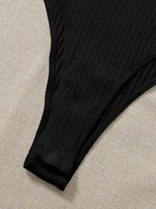 SHEIN Essnce Rib-knit Solid Bodysuit - Black - View 4