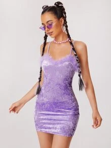 SHEIN Fuzzy Trim Velvet Bodycon Dress - Violet Purple - View 1