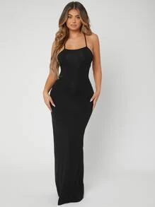 SHEIN SXY Đầm Lộ Lưng Hội Chữ thập Buộc lại màu trơn Gợi cảm - màu đen - Xem 2