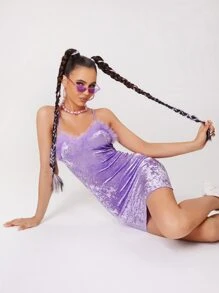 SHEIN Fuzzy Trim Velvet Bodycon Dress - Violet Purple - View 3