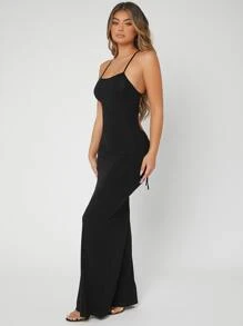 SHEIN SXY Đầm Lộ Lưng Hội Chữ thập Buộc lại màu trơn Gợi cảm - màu đen - Xem 5