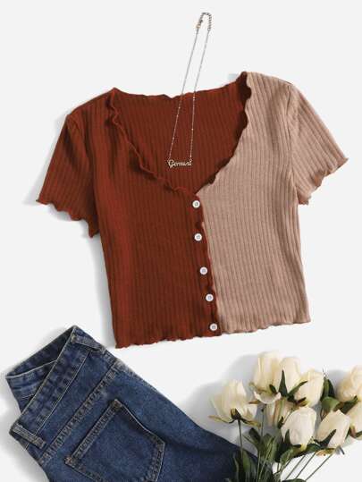 SHEIN EZwear 雙色木耳邊T恤