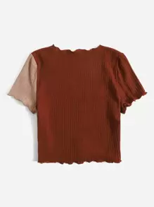 SHEIN EZwear Two Tone Lettuce Trim Tee - Brown - View 2