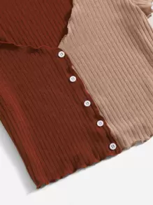 SHEIN EZwear Two Tone Lettuce Trim Tee - Brown - View 4