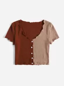 SHEIN EZwear Two Tone Lettuce Trim Tee - Brown - View 5
