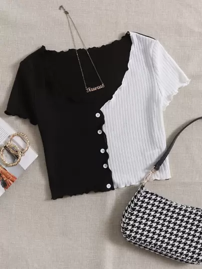 SHEIN EZwear T-shirt bicolore à ourlet ondulé