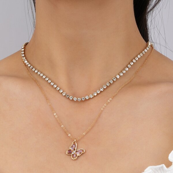

Rhinestone Decor Layered Necklace, Gold