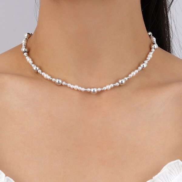 

Faux Pearl Beaded Necklace, Silver
