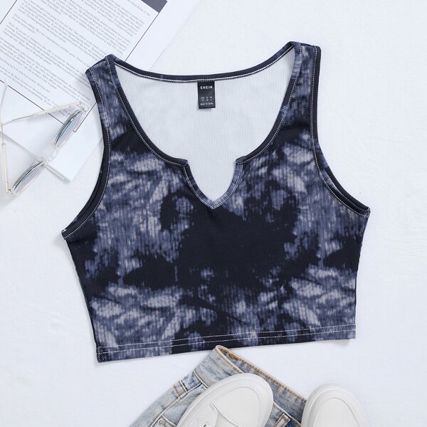 

Notch Neck Rib-knit Tank Top, Multicolor