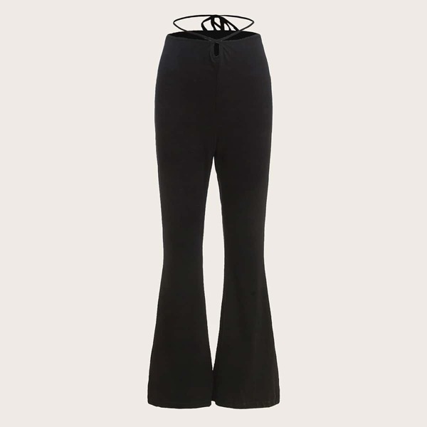 

Criss Cross Tie Back Flare Leg Pants, Black