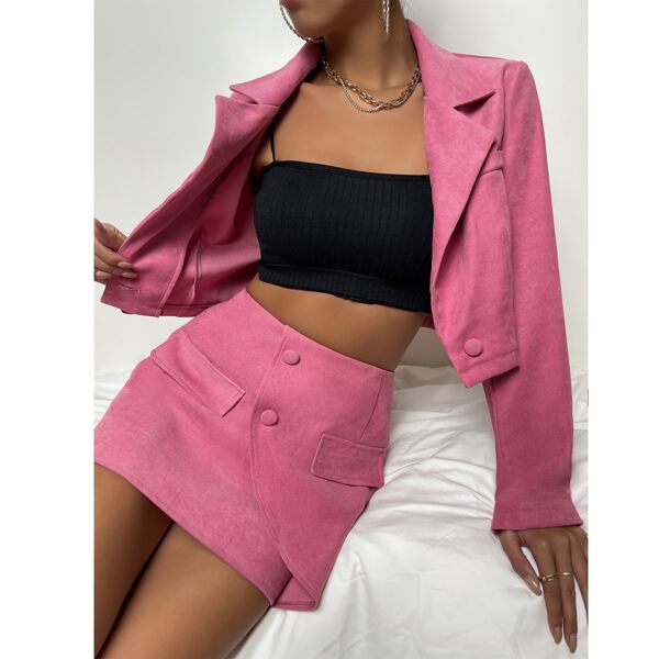 

Lapel Collar Solid Blazer & Flap Detail Wrap Skirt Set, Hot pink