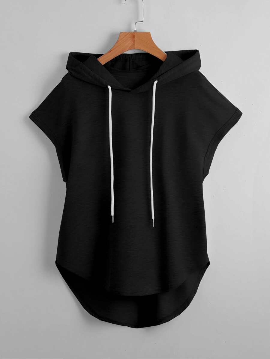 StreetHx High Low Hem Drawstring Hooded Tee - Black - View 1