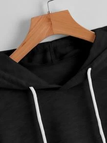 StreetHx High Low Hem Drawstring Hooded Tee - Black - View 4