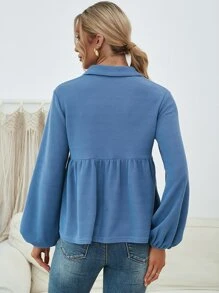 V領燈籠袖娃娃裝上衣 - 霧霾藍 - 查看 2