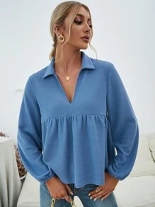 V領燈籠袖娃娃裝上衣 - 霧霾藍 - 查看 3