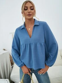V領燈籠袖娃娃裝上衣 - 霧霾藍 - 查看 4