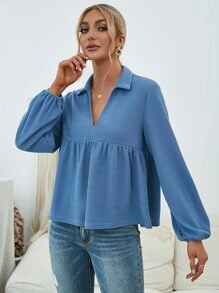 V領燈籠袖娃娃裝上衣 - 霧霾藍 - 查看 5