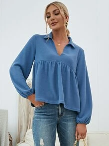 V領燈籠袖娃娃裝上衣 - 霧霾藍 - 查看 6