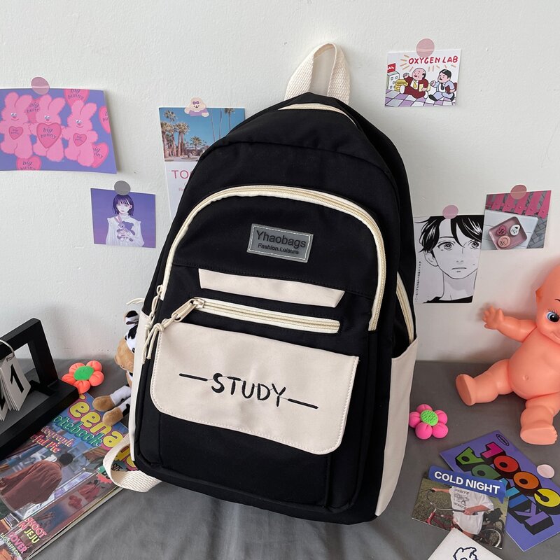 

Letter Graphic Backpack With Cartoon Charm, Black